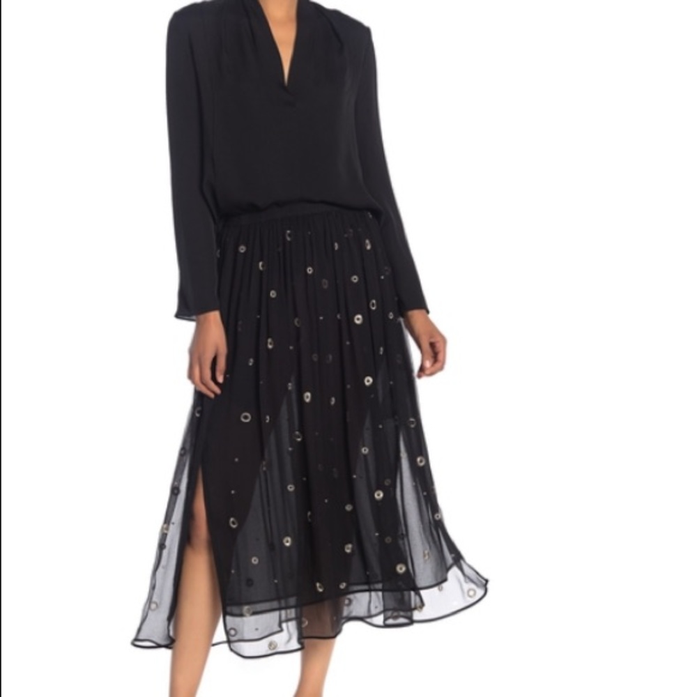 Vince Metallic Embroidered Silk Midi Skirt M